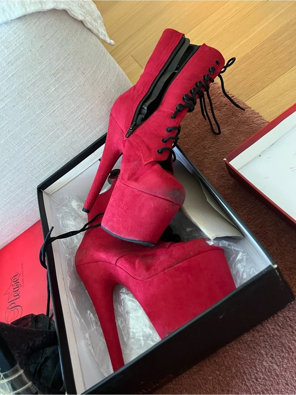Pleaser Red Platform Lace-Up Ankle Boots with Side Zipper
